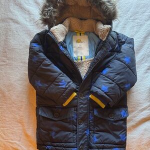 Boden Navy Parka with Blue Star Design and Fur Hood Size 4-5Y